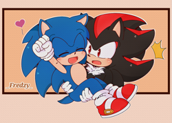 Size: 1245x886 | Tagged: safe, artist:fredzysonadow, shadow the hedgehog, sonic the hedgehog, 2019, abstract background, blushing, carrying them, chest fluff, clenched fist, cute, duo, eyes closed, gay, heart, looking at them, mouth open, shadabetes, shadow x sonic, shipping, signature, sonabetes, surprised
