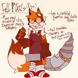 Size: 960x960 | Tagged: safe, artist:4_dabloons, miles "tails" prower, fox, alternate universe, au:fell!, bandage, butcher knife, character name, chest fluff, claws, clenched teeth, colored ears, cyborg, english text, fingerless gloves, goggles on head, holding something, knife, male, overalls, prosthetic, sharp teeth, solo, standing, swirly eyes, wrench