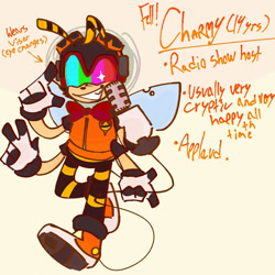 Size: 960x960 | Tagged: safe, artist:4_dabloons, charmy bee, bee, alternate universe, au:fell!, bowtie, character name, clenched teeth, english text, fingerless gloves, four arms, holding something, male, microphone, simple background, smile, solo, walking