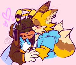 Size: 667x574 | Tagged: safe, artist:aconfusedaj, charmy bee, miles "tails" prower, 2020, arm fluff, blushing, chaails, charmabetes, colored ears, colored tail, cute, duo, ear fluff, freckles, gay, heart, male, males only, nuzzle, piercings, pink background, shipping, signature, simple background, smile, tailabetes