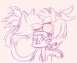 Size: 992x812 | Tagged: safe, artist:royalbootlace, amy rose, blaze the cat, 2020, amy x blaze, blushing, duo, eyes closed, female, females only, holding each other, kiss, lesbian, monochrome, shipping, sketch, standing