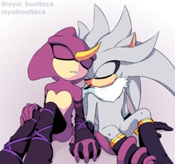 Size: 1608x1504 | Tagged: safe, artist:royalbootlace, espio the chameleon, silver the hedgehog, 2022, clenched teeth, duo, eyes closed, gay, gradient background, hand on knee, holding hands, leaning on each other, long socks, neck fluff, shipping, silvio, sitting, sleeping