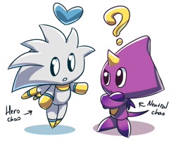 Size: 1342x1079 | Tagged: safe, artist:royalbootlace, espio the chameleon, silver the hedgehog, chao, 2020, arms folded, chaoified, character chao, cute, duo, english text, flying, frown, heart, hero chao, looking at each other, mouth open, neutral chao, question mark, shadow (lighting), simple background, species swap, standing, white background
