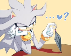 Size: 1536x1208 | Tagged: safe, artist:royalbootlace, silver the hedgehog, ..., 2020, crush, frown, gay, head rest, heart, kunai knife, lidded eyes, looking at something, male, neck fluff, question mark, silvio, sitting, solo, table