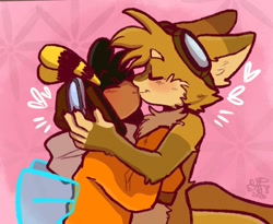 Size: 958x786 | Tagged: safe, artist:aconfusedaj, charmy bee, miles "tails" prower, 2020, abstract background, arm fluff, blushing, chaails, chest fluff, duo, ear fluff, eyes closed, floppy ears, gay, goggles on head, heart, holding each other, kiss, oversized, shipping, signature, standing