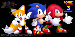 Size: 800x400 | Tagged: safe, artist:gonzartcortez, knuckles the echidna, miles "tails" prower, sonic the hedgehog, 2022, black background, classic knuckles, classic sonic, classic style, classic tails, deviantart watermark, looking at viewer, mouth open, pointing, simple background, smile, sonic the hedgehog 3, sprite, sprite redraw, standing, team sonic, thumbs up, trio, victory pose