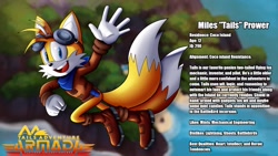 Size: 1920x1080 | Tagged: safe, artist:katon comics, artist:ratchetmario, miles "tails" prower, 2022, aviator jacket, bandana, boots, character name, character sheet, clenched fist, english text, goggles on head, island, looking at viewer, mouth open, older, smile, solo, tails adventure armada (fanproject), waving