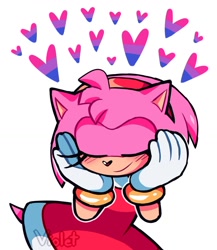 Size: 1280x1475 | Tagged: safe, artist:violetmadness7, amy rose, 2020, amybetes, bisexual, bisexual pride, blushing, cute, eyes closed, female, hands on own face, heart nose, hearts, modern amy, signature, simple background, smile, solo, standing, white background