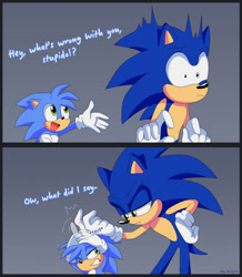 Size: 900x1032 | Tagged: safe, artist:montyth, sonic the hedgehog, oc, oc:monty the hedgehog, bending over, child, clenched teeth, dialogue, duo, english text, frown, gradient background, hand on hip, lidded eyes, looking at each other, looking at them, luca (movie), male, males only, modern sonic, one eye closed, panels, scolding, sfx, shrunken pupils, surprised, talking