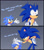 Size: 900x1032 | Tagged: safe, artist:montyth, sonic the hedgehog, oc, oc:monty the hedgehog, bending over, child, clenched teeth, dialogue, duo, english text, frown, gradient background, hand on hip, lidded eyes, looking at each other, looking at them, luca (movie), male, males only, modern sonic, one eye closed, panels, scolding, sfx, shrunken pupils, surprised, talking