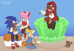 Size: 2048x1403 | Tagged: safe, artist:sonicaspeed123, amy rose, knuckles the echidna, miles "tails" prower, sonic the hedgehog, abstract background, bag, chopsticks, eating, female, food, fork, group, holding something, kneeling, kneepads, laughing, male, master emerald, noodles, sitting, standing, sweatdrop, trans female, trans girl tails, transgender