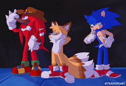 Size: 2048x1406 | Tagged: safe, artist:trashiiplant, knuckles the echidna, miles "tails" prower, sonic the hedgehog, sonic the ova, abstract background, looking offscreen, male, males only, modern style, redesign, redraw, standing, sweatdrop, team sonic, top surgery scars, trans male, transgender, trio, trio male