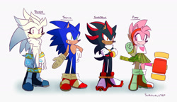 Size: 1920x1103 | Tagged: dead source, safe, artist:survivalstep, amy rose, shadow the hedgehog, silver the hedgehog, sonic the hedgehog, 2020, arms folded, ear piercing, female, frown, group, hand on hip, holding something, looking ahead, male, nonbinary, piko piko hammer, shadow (lighting), simple background, smile, white background