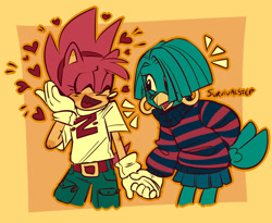 Size: 1280x1049 | Tagged: dead source, safe, artist:survivalstep, amy rose, tekno the canary, 2022, abstract background, duo, duo female, eyes closed, female, females only, fleetway amy, heart, holding hands, lesbian, looking at them, mouth open, shipping, smile, standing, teknamy