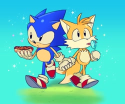 Size: 1603x1335 | Tagged: safe, artist:kuteun0, miles "tails" prower, sonic the hedgehog, abstract background, chili dog, duo, grass, holding food, holding hands, lollipop