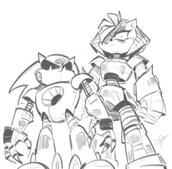 Size: 1160x1143 | Tagged: safe, artist:cadydae, amy rose, metal sonic, sonic prime, duo, rusty rose