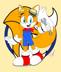 Size: 1280x1513 | Tagged: safe, artist:shadow-viper, miles "tails" prower, abstract background, gender swap, goggles on head, solo, wrench