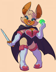 Size: 1685x2187 | Tagged: safe, artist:artsyhobbitses, rouge the bat, chaos emerald, redesign, rouge's heart top, solo, sword