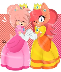 Size: 1684x1984 | Tagged: safe, artist:halern2010, amy rose, sally acorn, abstract background, checkered background, cosplay, duo, female, females only, heart, holding hands, outline, princess daisy, princess peach