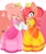 Size: 1684x1984 | Tagged: safe, artist:halern2010, amy rose, sally acorn, abstract background, checkered background, cosplay, duo, female, females only, heart, holding hands, outline, princess daisy, princess peach