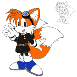 Size: 2048x2048 | Tagged: safe, artist:taeko, miles "tails" prower, 2023, belt, blue shoes, chest fluff, classic tails, colored version, ear fluff, goggles, goggles on head, hoodie, lesbian, looking at viewer, mobius.social exclusive, mouth open, nonbinary, pride pin, redesign, simple background, sketch, skirt, smile, solo, standing, waving, white background