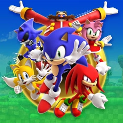 Size: 2048x2048 | Tagged: safe, artist:yanpaiart, amy rose, knuckles the echidna, metal sonic, miles "tails" prower, robotnik, sonic the hedgehog, sonic origins, 2022, 3d, abstract background, group, looking at viewer, modern amy, modern knuckles, modern robotnik, modern sonic, modern style, modern tails, palm tree, reaching towards the viewer, remake, robot, signature