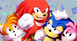 Size: 1648x881 | Tagged: safe, artist:artkotaro08017, sonic the hedgehog, sonic origins, 2022, abstract background, classic amy, classic knuckles, classic sonic, classic style, classic tails, clenched fist, fangs, female, group, hand on another's head, lidded eyes, looking at them, looking at viewer, male, mouth open, redraw, smile, standing