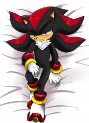 Size: 1200x1649 | Tagged: suggestive, artist:garugirosonicshadow, shadow the hedgehog, 2013, abstract background, blushing, body pillow, chest fluff, dakimakura, hand on own leg, lidded eyes, looking at viewer, lying down, male, modern style, smile, solo, solo male