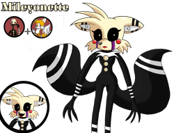 Size: 2949x2250 | Tagged: safe, artist:taeko, miles "tails" prower, fox, 2023, black sclera, character name, chest fluff, crossover, english text, eyelashes, five nights at freddy's, floppy ears, frown, fusion, fusion:tails, fusion:the puppet, looking offscreen, male, mobius.social exclusive, one fang, simple background, solo focus, standing, the puppet (fnaf), transparent background, trio