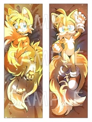 Size: 962x1280 | Tagged: safe, artist:miri, miles "tails" prower, 2017, abstract background, barefoot, blushing, body pillow, cute, dakimakura, fluffy, hugging tail, looking at viewer, lying down, male, modern tails, pawpads, shy, smile, solo, tailabetes, watermark