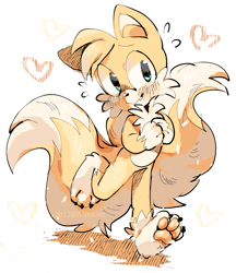 Size: 1077x1248 | Tagged: safe, artist:miri, miles "tails" prower, 2017, barefoot, blushing, cute, fluffy, hands together, heart, looking offscreen, modern tails, one fang, pawpads, simple background, smile, solo, sweatdrop, tailabetes, walking, white background