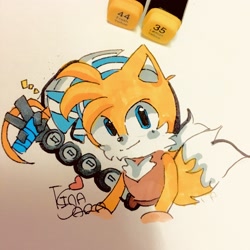 Size: 3024x3024 | Tagged: safe, artist:tinasara09, miles "tails" prower, sails, sonic prime, 2022, headscarf, heart, holding something, looking at viewer, machinery, signature, simple background, smile, solo, traditional media, v sign
