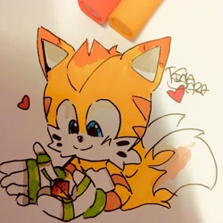 Size: 3024x3024 | Tagged: safe, artist:tinasara09, mangey, miles "tails" prower, sonic prime, 2023, berry, food, heart, holding something, looking at something, simple background, smile, solo, traditional media