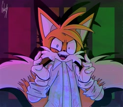 Size: 2048x1776 | Tagged: semi-grimdark, artist:kathycartoonist, miles "tails" prower, fanfic:rainbow factory, 2022, abstract background, blood, blood splatter, blood stain, creepypasta, crossover, evil, evil grin, eye twitch, fangs, insanity, lab coat, looking at viewer, mouth open, rainbow blood, signature, smile, solo, spectra, standing, voice actor joke
