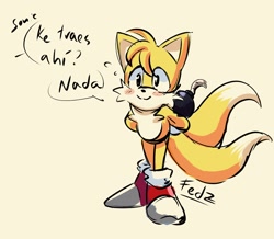 Size: 2048x1785 | Tagged: safe, artist:fedoragato, miles "tails" prower, bending over, blushing, bomb, cute, hands behind back, hiding, holding something, implied sonic, looking offscreen, offscreen character, signature, simple background, solo, spanish text, standing, tailabetes, this will end in injury and/or death, this won't end well, yellow background