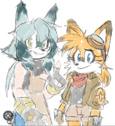 Size: 720x791 | Tagged: source needed, safe, artist:rjshuu, miles "tails" prower, oc, oc:gardenia the fox, fox, adult, aged up, aviator jacket, clenched teeth, colored ears, duo, female, fingerless gloves, gender swap, goggles, goggles on head, looking at viewer, male, older, pointing, scarf, signature, simple background, sketch, smile, standing, white background