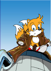 Size: 501x688 | Tagged: safe, artist:ahutton1987, miles "tails" prower, 2012, biker jacket, clenched fists, frown, gradient background, looking down at viewer, ms paint, oversized, redraw, solo, sonic the comic 36, standing