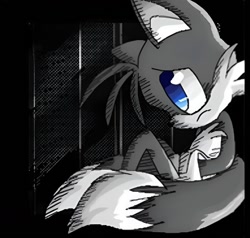 Size: 1440x1372 | Tagged: artist needed, source needed, safe, miles "tails" prower, abstract background, against wall, frown, greyscale, looking offscreen, sad, sitting, solo