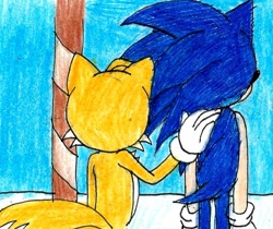 Size: 1010x848 | Tagged: safe, artist:silver the hedgehog, miles "tails" prower, sonic the hedgehog, oc, oc:sonic.exe, abstract background, duo, hand on another's back, palm tree, standing, this won't end well, traditional media