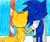 Size: 1010x848 | Tagged: safe, artist:silver the hedgehog, miles "tails" prower, sonic the hedgehog, oc, oc:sonic.exe, abstract background, duo, from behind, hand on another's back, palm tree, standing, this won't end well, traditional media