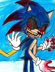 Size: 782x1024 | Tagged: semi-grimdark, artist:silver the hedgehog, miles "tails" prower, sonic the hedgehog, oc, oc:sonic.exe, black sclera, bleeding from eyes, blood, blood stain, clenched teeth, duo, glowing eyes, looking back, offscreen character, red eyes, sharp teeth, smile, solo focus, standing, this won't end well, traditional media