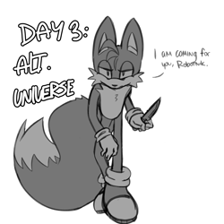 Size: 2048x2048 | Tagged: semi-grimdark, artist:foliead3ux, miles "tails" prower, au:starved eggman, dialogue, english text, frown, greyscale, holding something, inktober, knife, lidded eyes, looking at viewer, simple background, solo, sonic boom (tv), walking, white background