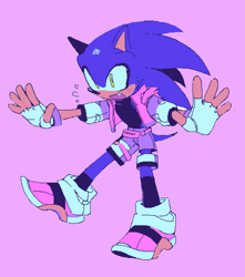 Size: 1163x1313 | Tagged: safe, artist:12neonlit-stage, sonic the hedgehog, arms out, blushing, fingerless gloves, jacket, looking offscreen, male, mouth open, ms paint, one fang, pink background, pink shoes, redesign, shirt, shorts, simple background, solo, standing on one leg