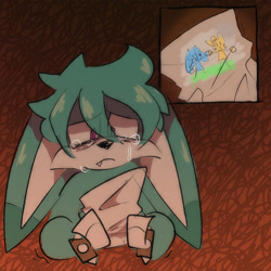 Size: 2048x2048 | Tagged: safe, artist:cherrycro, kit the fennec, miles "tails" prower, abstract background, crying, drawing, frown, gay, holding hands, holding something, kitails, one fang, paper, sad, shipping, solo, stick arms, stick legs, tears, tears of sadness
