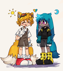 Size: 718x812 | Tagged: safe, artist:chibi-0004, kit the fennec, miles "tails" prower, human, blushing, duo, duo male, eyes closed, fox ears, fox tail, gay, goggles, goggles on head, heart, humanized, kitails, male, males only, moon, overalls, plaster, shipping, simple background, smile, standing, sun