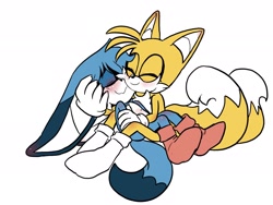 Size: 2048x1536 | Tagged: safe, artist:butterrrmoth, kit the fennec, miles "tails" prower, blushing, blushing ears, duo, duo male, eyes closed, flat colors, gay, hand on another's head, kitabetes, kitails, shipping, shoes off, simple background, sitting, snuggling, tailabetes, white background