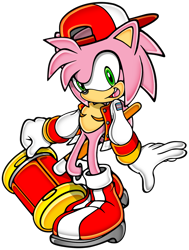 Size: 1145x1511 | Tagged: safe, artist:badlydrawnmanic, amy rose, backwards cap, boots, heart chest, jacket, looking at viewer, male, mouth open, piko piko hammer, simple background, smile, solo, top surgery scars, trans male, transgender, transparent background, uekawa style