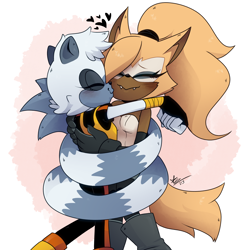 Size: 2048x2048 | Tagged: safe, artist:starlightseq, tangle the lemur, whisper the wolf, abstract background, blushing, duo, eyes closed, fangs, heart, holding them, kiss on cheek, lesbian, shipping, signature, smile, standing, tangle x whisper, wrapped in tail