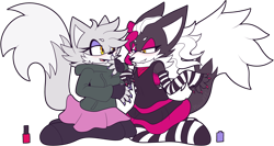 Size: 2048x1089 | Tagged: safe, artist:pdaisyff1, infinite the jackal, oc, oc:rai the wolf, jackal, wolf, blushing, canon x oc, claws, dress, duo, duo female, female, females only, gender swap, hoodie, kneeling, lesbian, lidded eyes, mouth open, nail varnish, one fang, phantom ruby, shipping, simple background, skirt, transparent background