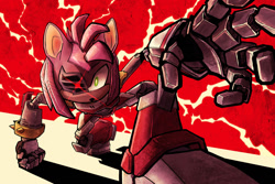 Size: 1500x1000 | Tagged: safe, artist:superemeralds, amy rose, sonic prime, abstract background, cyborg, female, glowing eyes, hand on ground, looking at viewer, partially roboticized, reaching towards the viewer, rusty rose, solo, solo female